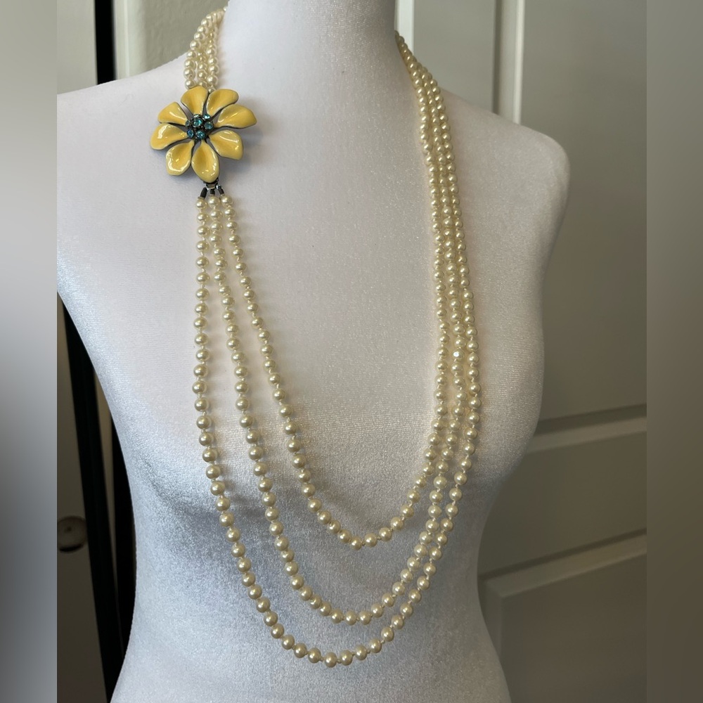 Faux Pearl Necklace Triple Strand Enamel Rhinestone Floral Clasp 34”